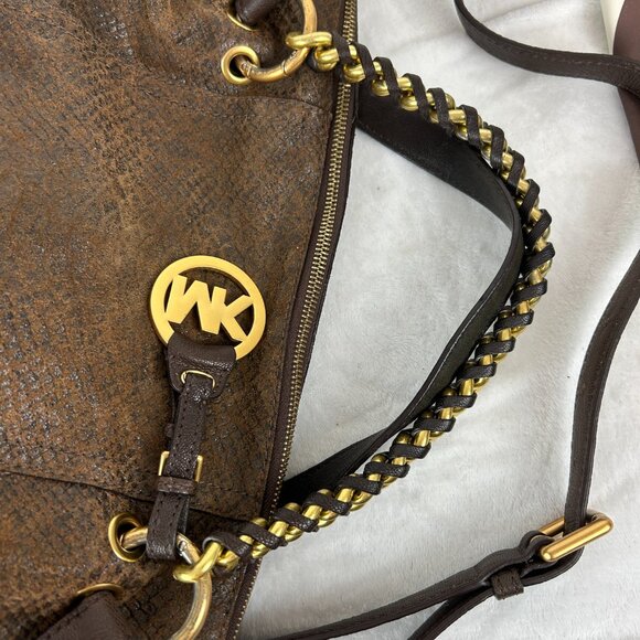 Michael Kors Tristan Mocha Satchel/Crossbody Suede Leather Snakeskin Gold Plated - Picture 6 of 16